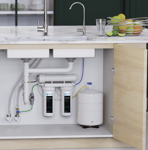 PureTap reverse osmosis drinking water system installed beneath a kitchen sink