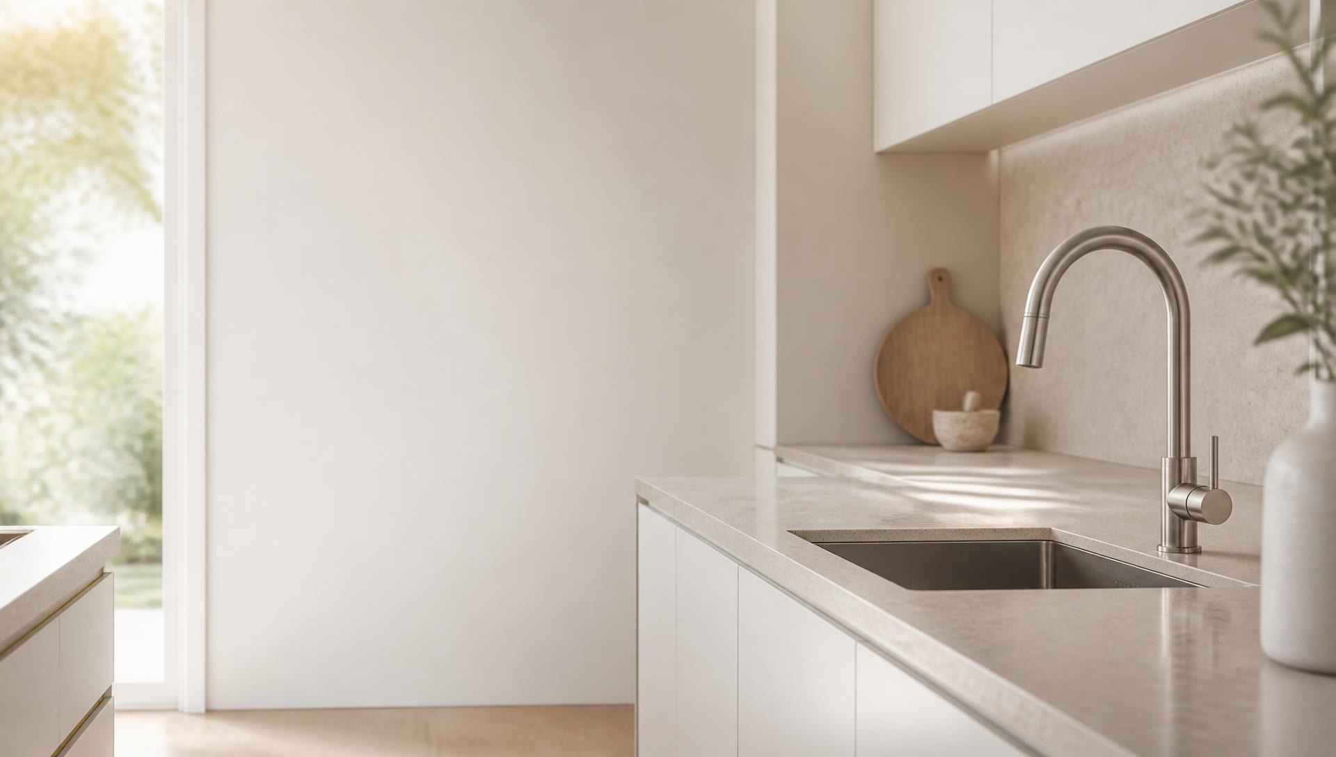 Bright modern Australian kitchen with a stainless steel mixer tap